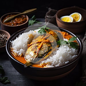 Spicy Bangladeshi Hilsa Curry with Rice and Salad