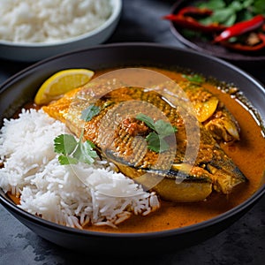 Spicy Bangladeshi Hilsa Curry with Rice and Salad