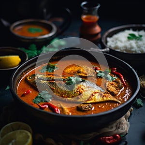 Spicy Bangladeshi Hilsa Curry with White Rice and Salad