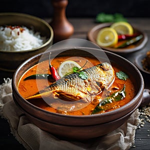 Spicy Bangladeshi Hilsa Curry with White Rice and Salad