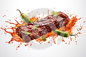 Spicy bbq rib with sauce splash and chili peppers