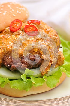 Spicy beef rendang burger with fresh vegetables on plate