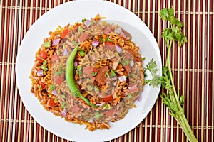 Spicy bhel puri, chat item, popular Indian fast food, street food snack North India Mumbai