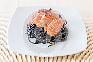 spicy black spaghetti with salmon