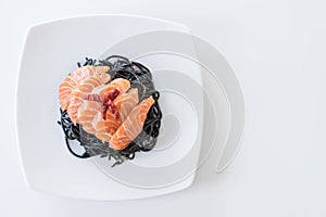 spicy black spaghetti with salmon