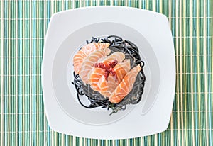 spicy black spaghetti with salmon