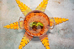 Spicy Butter Chicken Masala served in a karahi top view of indian food