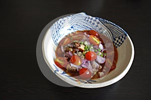 Spicy Canned Sardine Salad with hand, Thai fast food