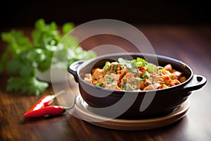 spicy chana masala dish on a wooden tabletop