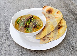 Spicy chicken haleem with fried onion, naan, roti served in dish isolated on background top view of indian spices and pakistani