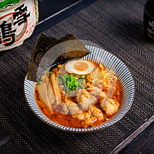 Spicy chicken karaage ramen in the traditional Japanese ramen restaurant