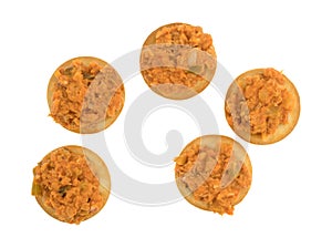 Spicy chicken salad on butter crackers top view