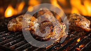 Spicy chicken thighs are grilled on a grill over a fire