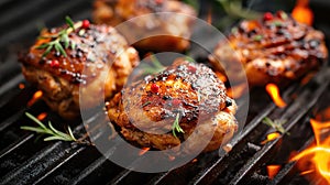 Spicy chicken thighs are grilled on a grill over a fire