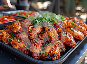 Spicy chicken wings are served on tray