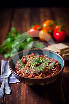 Spicy Chili Con Carne with Cilantro on Rustic Wood photo
