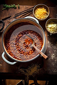 Spicy Chili Con Carne with Kidney Beans and Cheddar Cheese photo