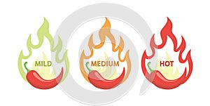 Spicy chili hot pepper, food spice level, spiciness level. Vector red pepper with flame fire icons.