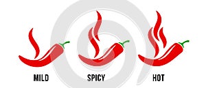 Spicy chili hot pepper, food spice level, vector red pepper fire flame icons