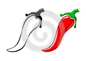 Spicy chili hot pepper icons. Vector Asian and Mexican spicy food and sauce, red and black outline chili peppers for your web site