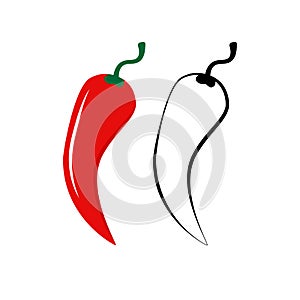 Spicy chili hot pepper icons. Vector Asian and Mexican spicy food and sauce, red and black outline chili peppers for your web site