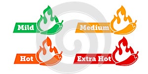 Spicy chili hot pepper level labels. Vector spicy food green mild, medium and red extra hot, jalapeno pepper fire flame