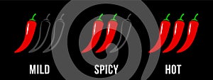 Spicy chili hot pepper, mild and extra hot level labels. Vector Asian spicy food and Mexican sauce chili pepper icons