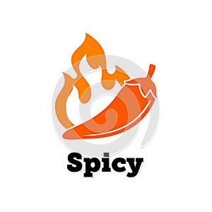 Spicy chili hot, pepper vector icon. Spicy food jalapeno red pepper fire flame label photo