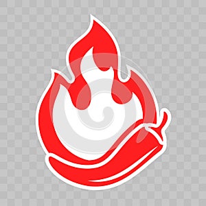 Spicy chili pepper and hot fire flame icon. Vector spicy fast food and sauce package fire burn label