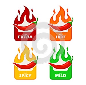 Spicy chili pepper hot fire flame icons.