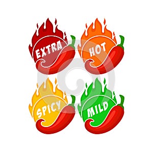 Spicy chili pepper hot fire flame icons.