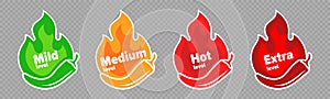 Spicy chili pepper hot fire flame icons. Vector spicy food level icons, mild, medium and extra hot pepper sauce fire flame photo