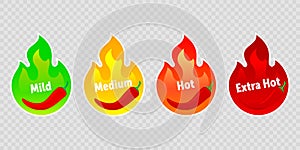 Spicy chili pepper hot fire flame labels. Vector spicy food level icons, green mild, medium and red extra hot jalapeno and tabasco photo