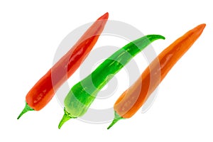 Spicy chili pepper pair of red pods green isolated white background