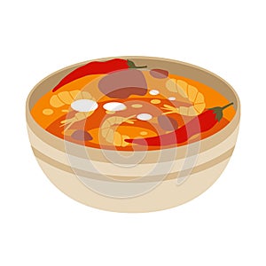 Spicy chili prawn soup in a bowl, flat vector illustration