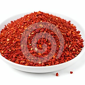 spicy chili red pepper flakes, chopped, milled dry paprika pile on white