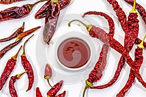 Spicy chili sauce in bowl isolated on white background. Different varieties of dry hot peppers, main ingredient for preparation.