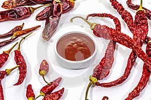 Spicy chili sauce in bowl isolated on white background. Different varieties of dry hot peppers, main ingredient for preparation.