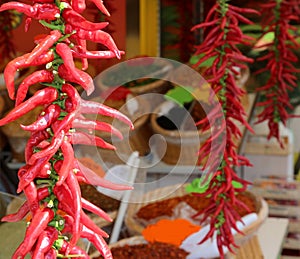 Spicy chillies hanging at a stand