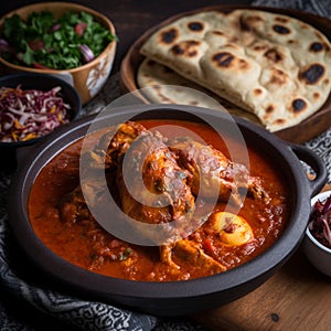 Spicy Close-Up Shot of Ethiopian Doro Wat & x28;Chicken Stew& x29; with Injera