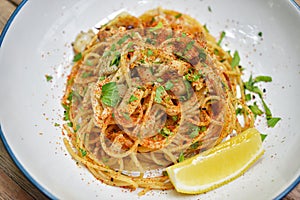 Spicy crab pasta, Seafood spaghetti with chilli pepper, Favorite fusion italian dish