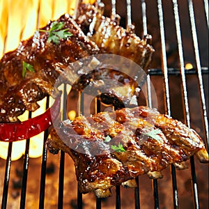 Spicy crispy marinated pork ribs on the grill