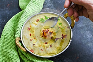 Spicy dal fry, dhal curry popular traditional North or South Indian vegetarian food