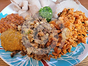 spicy Ethiopian dullet beef and intestine with injera bread