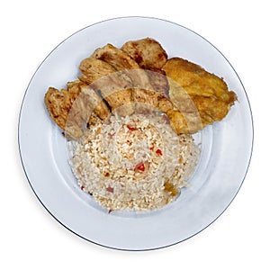 Spicy frid rice roasted chicken and omelet, Indonesian homemade nasi goreng meal with ayam bakar