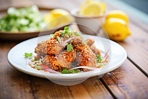 spicy fried chicken with chili flakes and lemon wedge