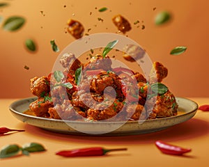 Spicy Fried Chicken with Herbs and Chilies on Plate Against Warm Orange Background