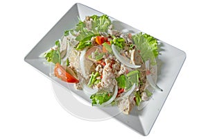 Spicy Glass Noodle Salad with Minced Pork and Vietnamese Sausage on white background