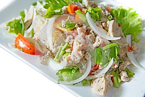 Spicy Glass Noodle Salad with Minced Pork and Vietnamese Sausage on white background