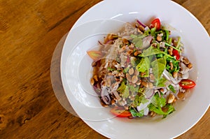 Spicy Glass Noodle Salad mixed herbs with minced pork in chili sauce. Asian spicy food menu.